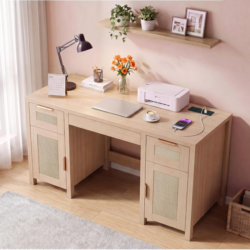 Bureau avec trois tiroirs et deux portes, Naturel