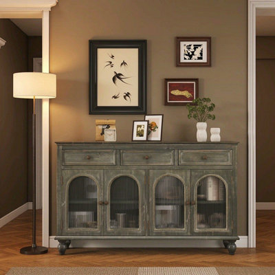 Buffet arqué avec tiroirs de rangement, dosseret de style champêtre avec porte vitrée, noir et gris