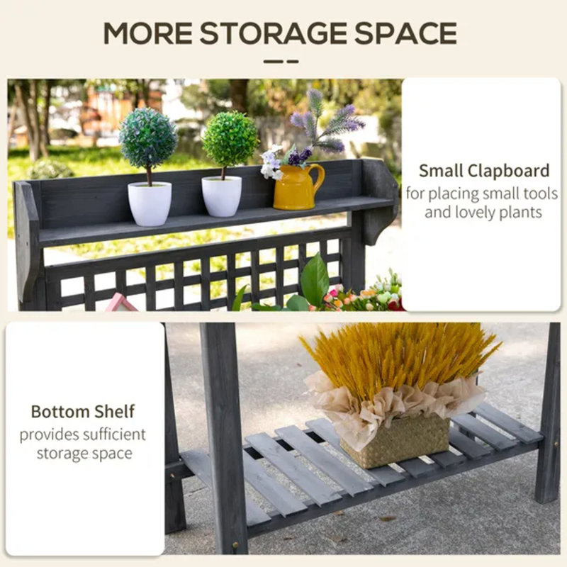 Banc de rempotage en bois de sapin gris avec plateau coulissant extensible, évier sec et rangement