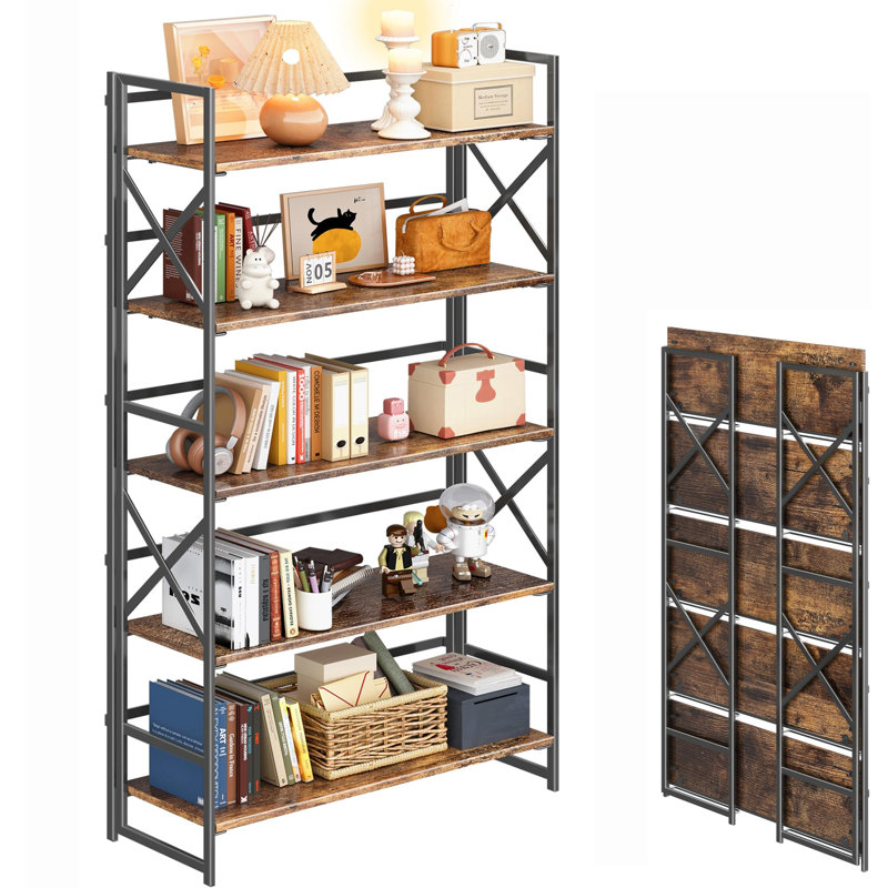 Bibliothèque pliante sans assemblage à 5 niveaux, style rétro, indispensable pour le bureau, Brun noirâtre rustique