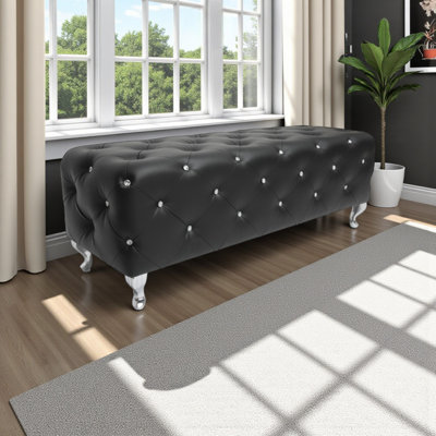 Camden Modern Bench with Crystal Tufting in Black Leather, 18.76'' H X 47.48'' W X 18.72'' D
