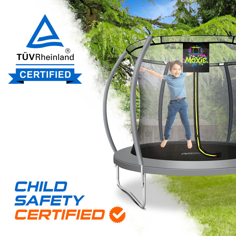 Machrus Moxie Pumpkin-Shaped Outdoor Trampoline Set w/ Premium Top-Ring Frame Safety Enclosure, 8 FT, Gray
