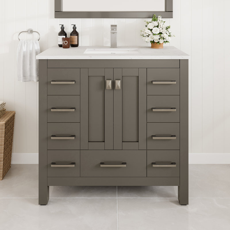 Lark Manor™ Ethyn 36"W X 18"D Dark Grey Bathroom Vanity With White Carrara Quartz Countertop And Undermount Porcelain Sink