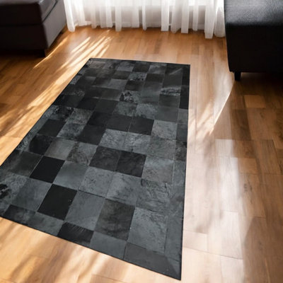 Black Square Checkered Cowhide Patchwork Rug - Handmade Leather Area Rug for Living Room, Office - Multisize Carpet
