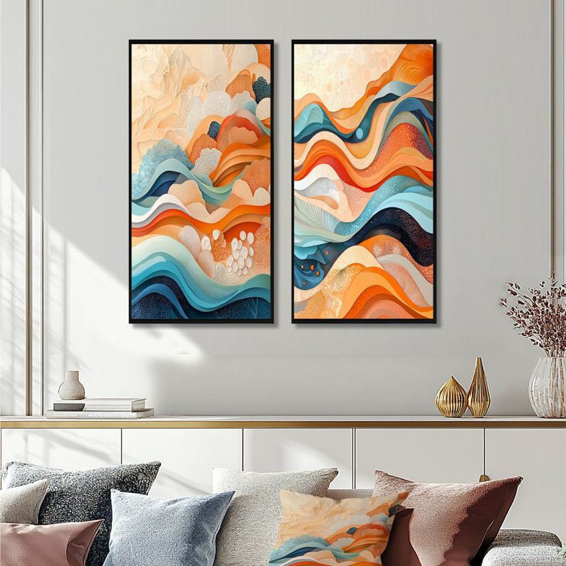 Orange Transitional Spriral Oceanic Waves I - Abstract Wall Decor 2 Panels, 40" H x 41" W, Black Floater Framed
