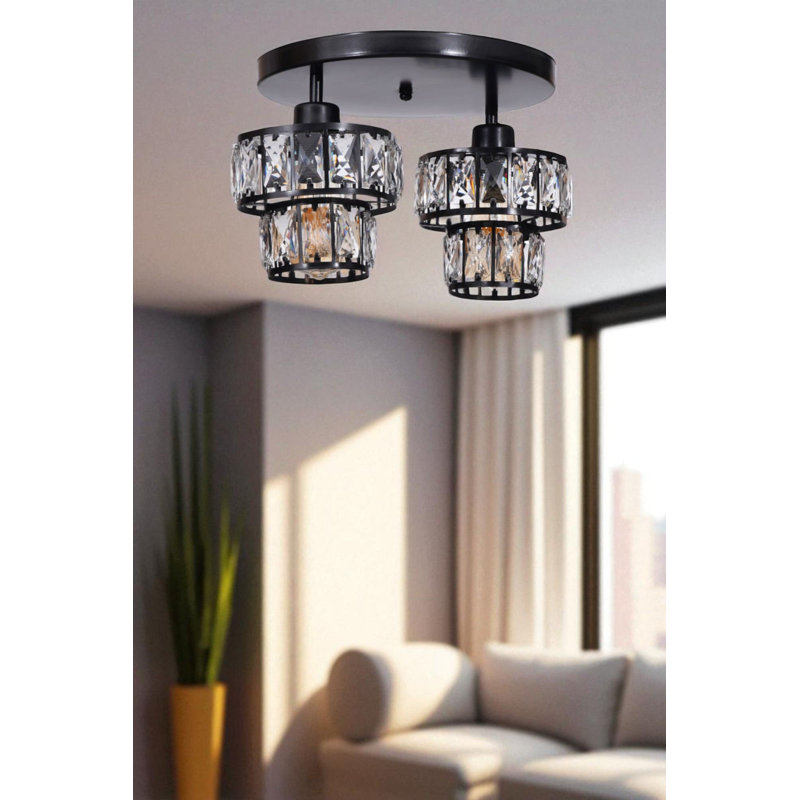 Elegant Black Metal Chandelier, 23.0 in Height x 6.0 in Diameter | 2 x E27 Socket, Max 40W | Stylish Glass Cap & Base Plate (Ø9.8 in) | for Dining Room, Living Room & Entryway | Modern Lighting Fixture, Bulb Not Included