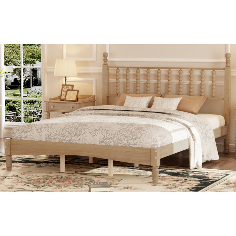 Queen Size Wood Platform Bed With Gourd Shaped Headboard,Retro Style Platform Bed With Wooden Slat Support,Natural