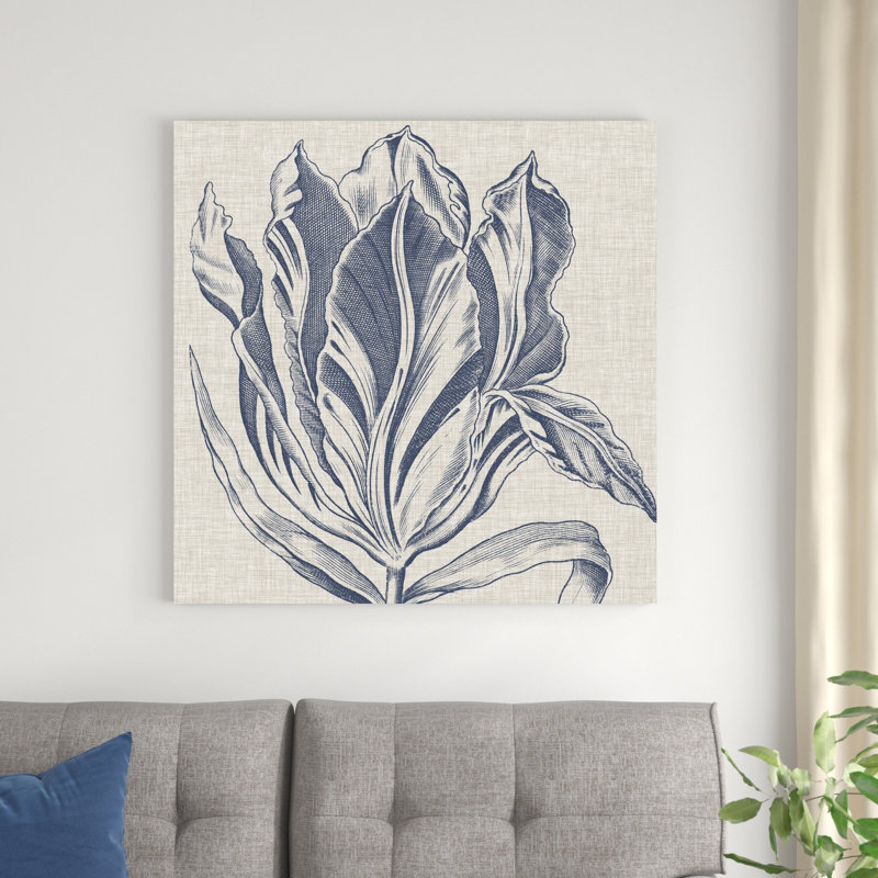 Indigo floral sur lin I, H 36 po x l 36 po x P 1,25 po