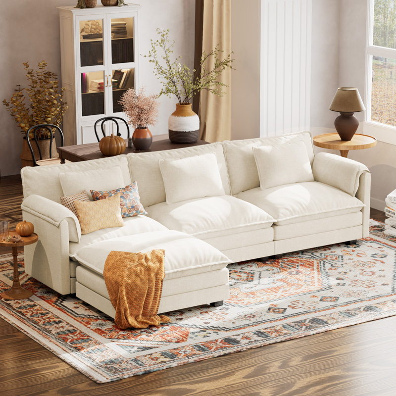4-Piece 115'' Reversible Modern Upholstered L-Shape Sectional Sofa With Ottoman- Premium VelvetFabric