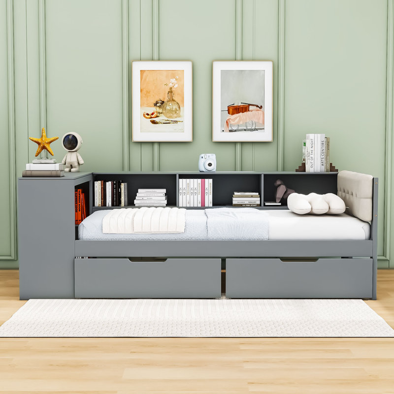 Lit en bois à deux tiroirs Northup avec station de charge et tablettes, Simple, Gris