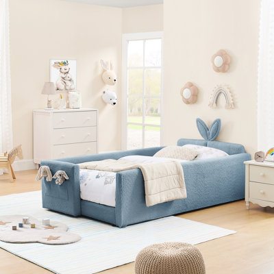 Twin Size Boucle Upholstered Bed With Rabbit Ear Design, Rail, And Storage, Sky Blue In Bedroom Use