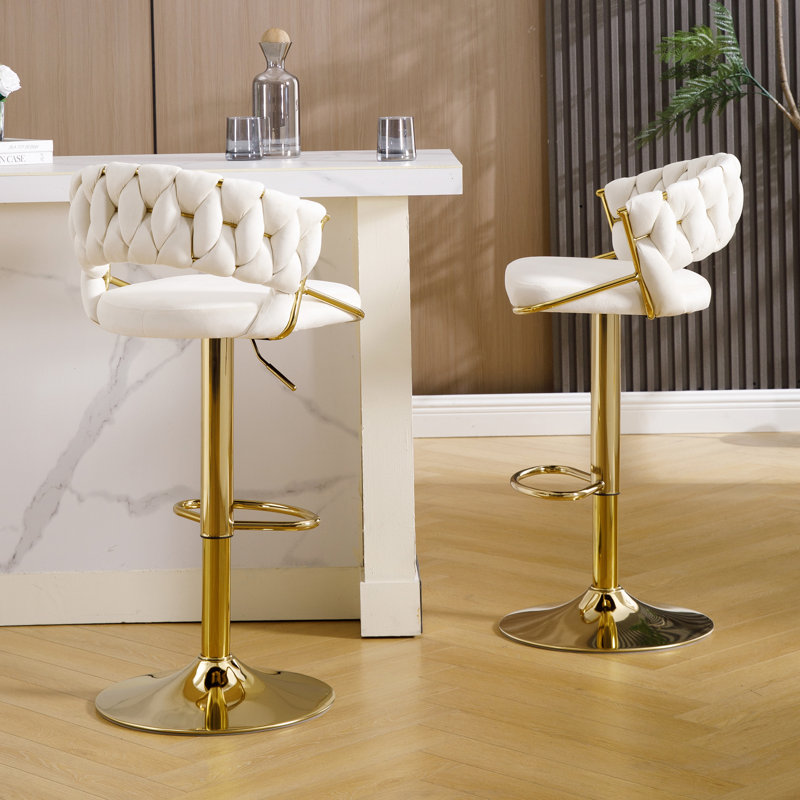 Adjustable Velvet Gold Bar Stools with Woven Open Back for Kitchen Island , Cream