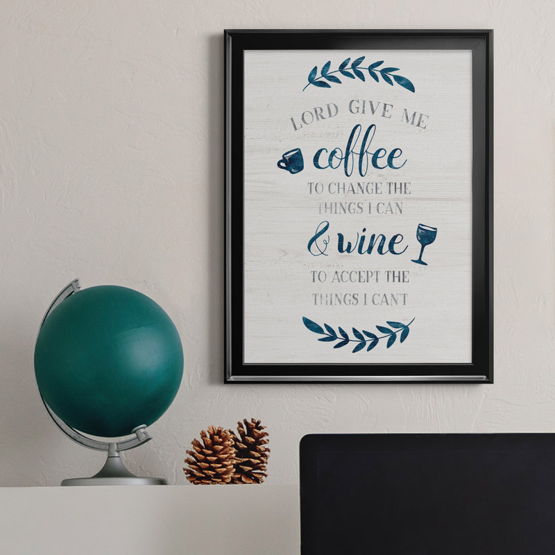 «Coffee and Wine», art textuel sur toile, H 18,5 po x l 24,5 po x P 1,5 po, Cadre noir