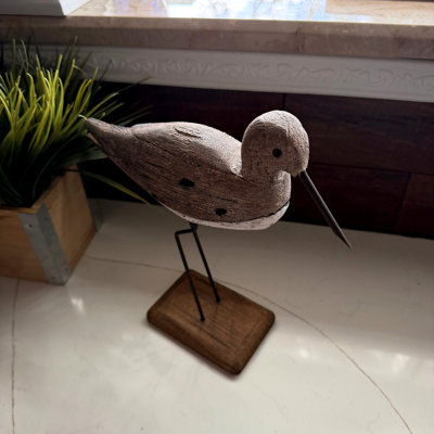 Figurine d'oiseau de rivage en bois et métal côtier, beige, brun et blanc, 10,75 pouces de haut