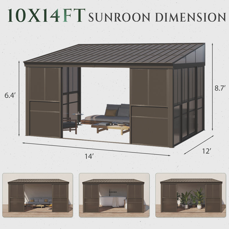 12 x 14 FT Wall-Mounted Gazebo, All-season Aluminum Patio Gazebo With Side Door, Outdoor Permanent Sunroom, Brown