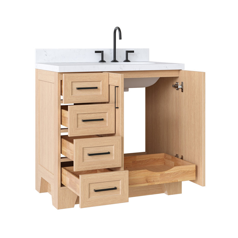 Meuble-lavabo simple en bois massif gris Freitas avec plateau en quartz blanc Carrara, Oui, Ovale, Gris