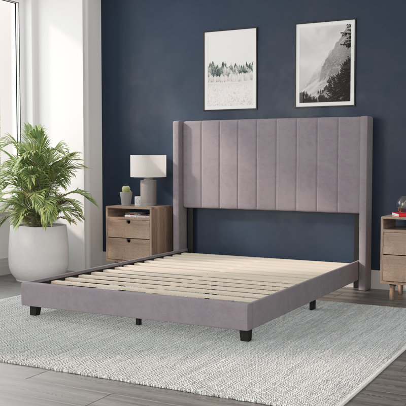 Gray Velvet Upholstered Queen Platform Bed with Headboard