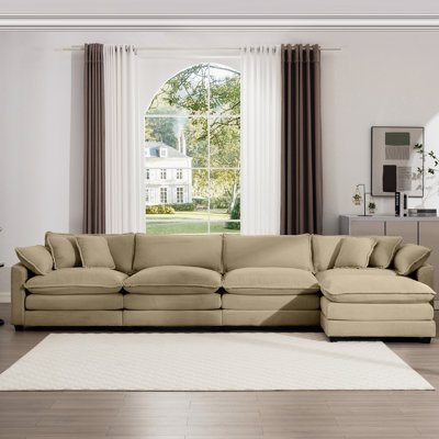 Corduroy Upholstered 4 With Footstool: Indulge In Relaxation Elegant 4 Seater Arm & Throw Pillows, Suitable For Living Room, Apartment, Office, Easy Assembly