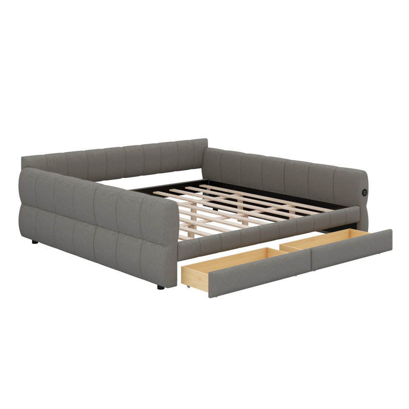 Modern Upholstered Platform Bed with Built-in USB Charging and Storage Drawers, Gray
