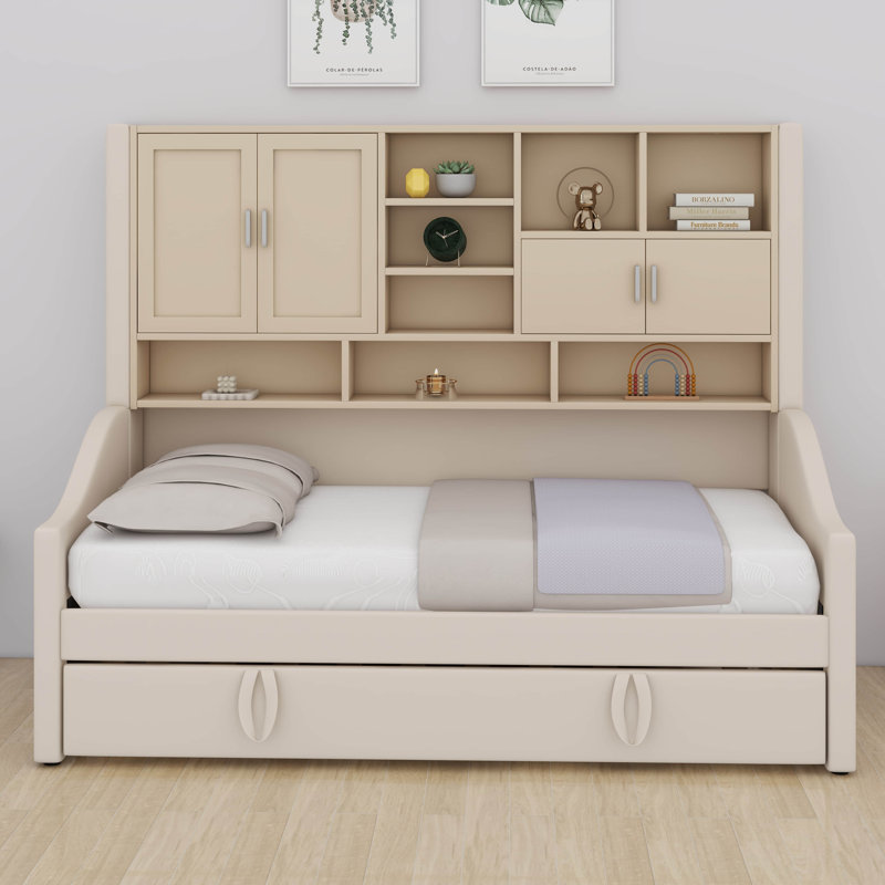 Lit de jour simple en velours rembourré avec lit gigogne relevable, tablettes de rangement et armoires murales, Beige