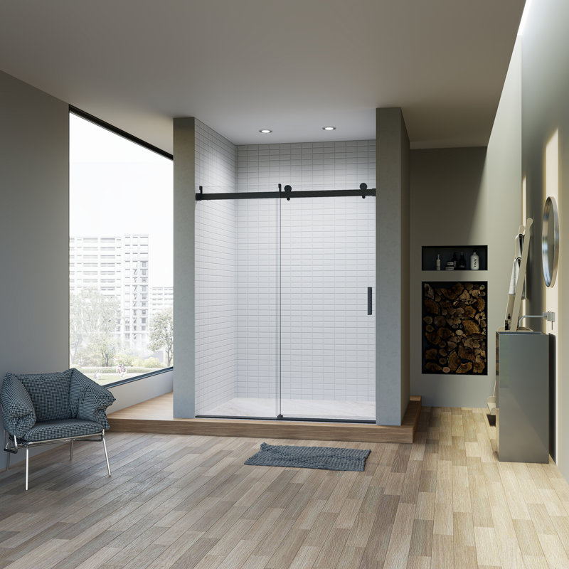Portes de douche coulissantes simples sans cadre à fermeture en douceur de 56 à 60 po x H 76 po avec tampon, porte de douche coulissante pour salle de bain, porte en verre trempé épais de 3/8 po (10 mm), installation réversible, finition noir mat