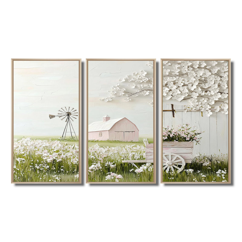Farm Landscape In Pink And Green Tones III - Farmhouse Wall Decor Set, Natural Floater Framed Canvas, 32" H x 48" W x 1" D