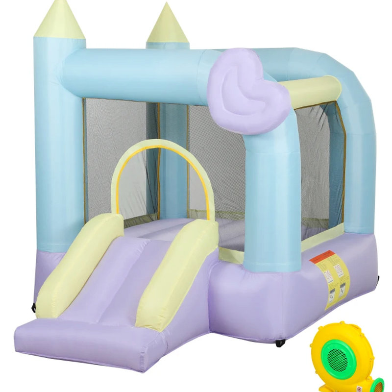 Jeu gonflable gonflable avec glissade excitante, tissu 420D / 840D multicolore, zone de saut spacieuse pour deux personnes, rampes sur six piquets, stabilité rapide, gonflage en 2 minutes