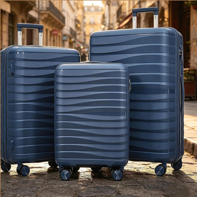 Ensemble de valises de voyage en PP de qualité supérieure, ensemble de valises à verrou TSA de 3 pièces aux dimensions de 20, 24 et 28 pouces avec roues pivotantes à 360 °, bleu