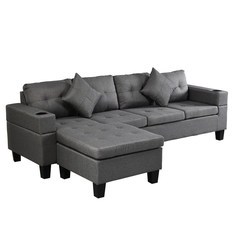 Salon modulaire avec porte-gobelet et méridienne en L en tissu de lin gris, housse