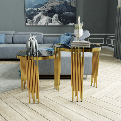 Black Glass Nesting End Tables With Mirrored Gold Metal Legs Set Of 2