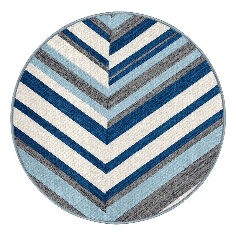  Tapis lavable rayé bleu clair et gris clair, Rond 6 pi