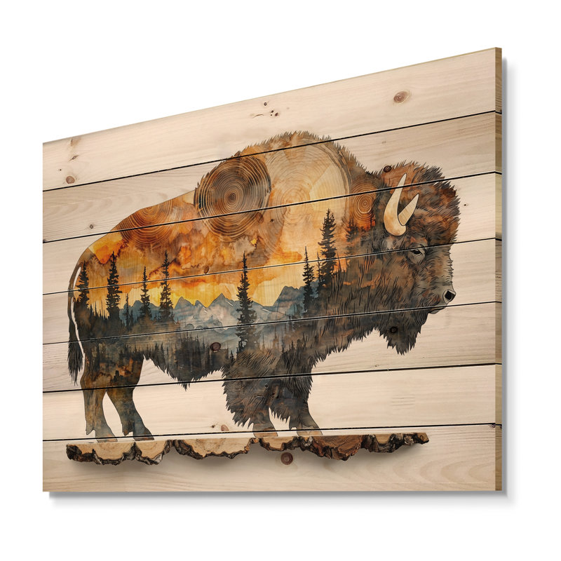 Portrait de bison américain en double exposition Canyon I - Buffalo Animal, art mural en bois, H 30 po x l 40 po x P 0,78 po