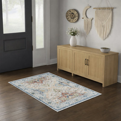 Tapis oriental bleu / beige / rouille à envers antidérapant lavable à la machine pour le salon, la chambre à coucher et le couloir