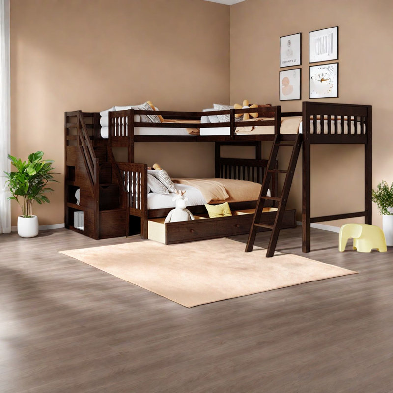 Lits peu encombrants avec rangement, lit en L en bois massif pour maison familiale