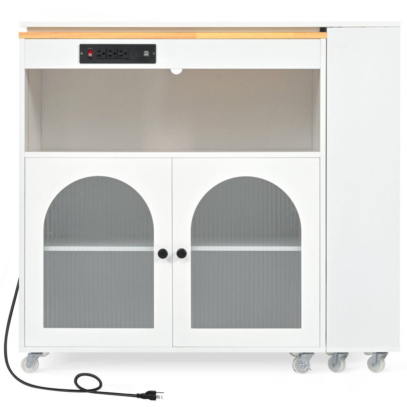 Rolling Kitchen Island With Extended Table, Kitchen Island On Wheels With LED Lights,Power Outlets And 2 Fluted Glass Doors, Kitchen Island With A Storage Compartment And Side 3 Open Shelves,White