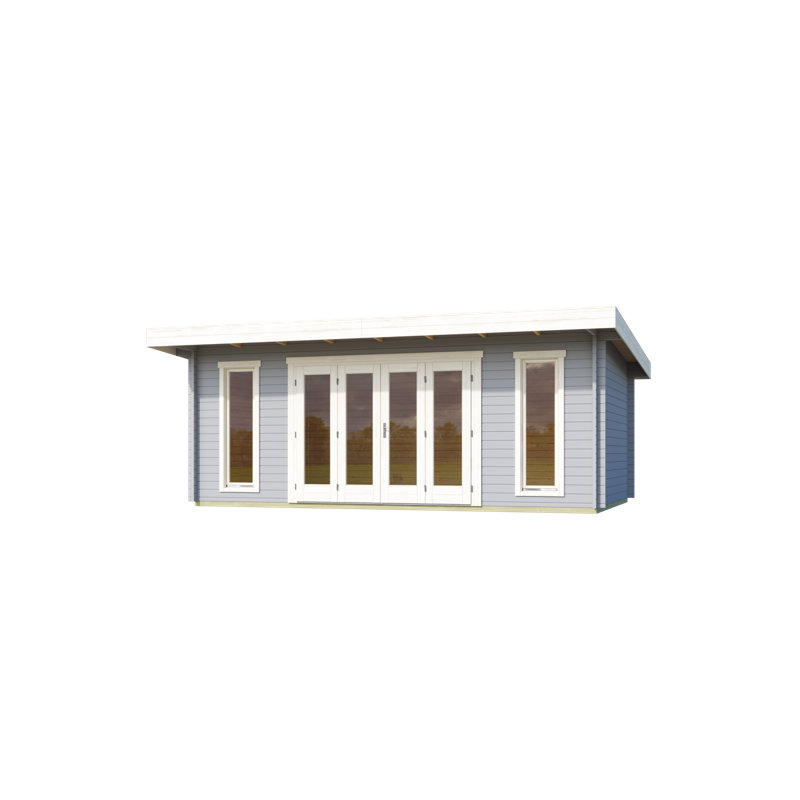 Lasita - 19 x 12 Ft. Premium Log Cabin With Tempered Double Glazed Bifold Doors (44mm), Light Grey