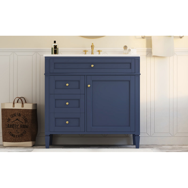 Meuble-lavabo de salle de bain avec lavabo supérieur, 2 tiroirs et un tiroir basculant, Bleu