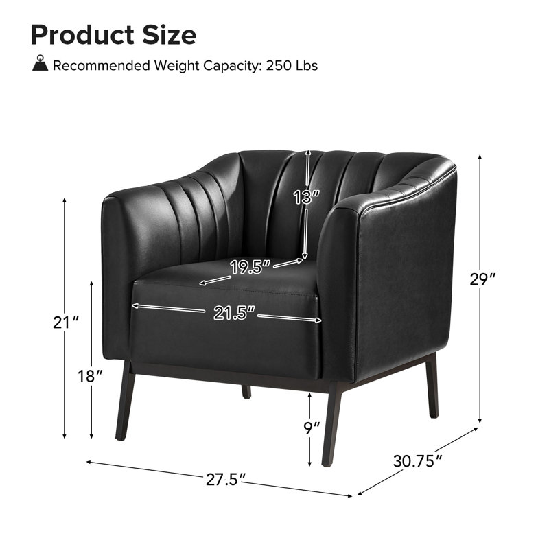 Fauteuil en similicuir de 27,5 po Yeilyn, Similicuir noir