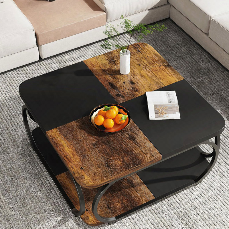 Table basse rustique carrée à 2 niveaux de style rustique brun et noir 39 po