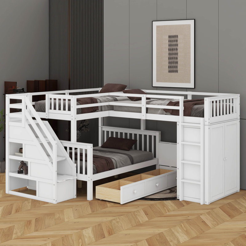 Lit superposé simple au-dessus d'un lit double en L avec bureau, tiroirs et garde-robe, Blanc