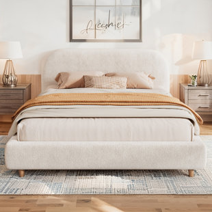 Boucle Fabric Upholstered Platform Bed with Curve-Shaped Design Headboard