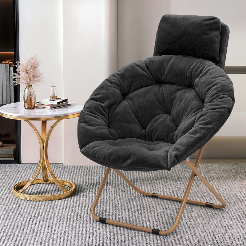 Upholstered Foldable Saucer Chair with Headrest, Cozy Accent Chair Lounge Moon Chair for Living Room Bedroom, Black