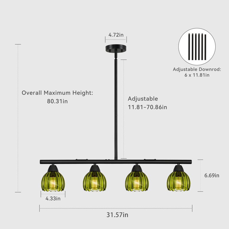 Lustre linéaire moderne à 4/6 lumières avec abat-jour en verre vert pour salle à manger, 4