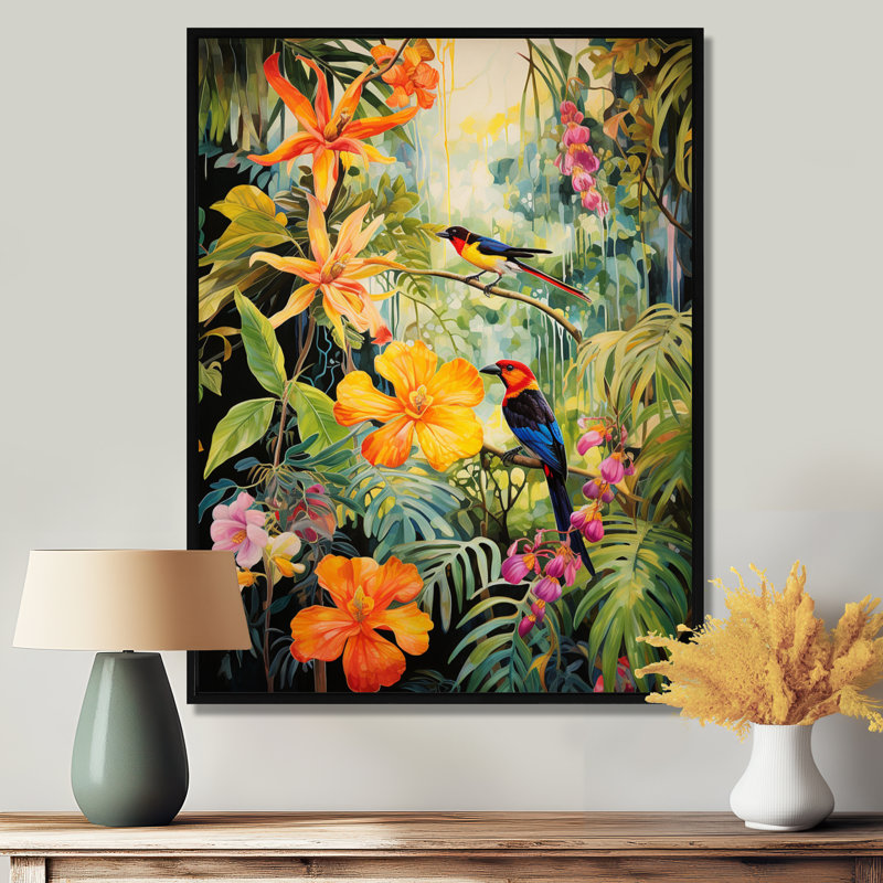 Oiseaux colorés dans une jungle tropicale fleurie - décoration murale oiseau, Toile avec cadre flottant noir