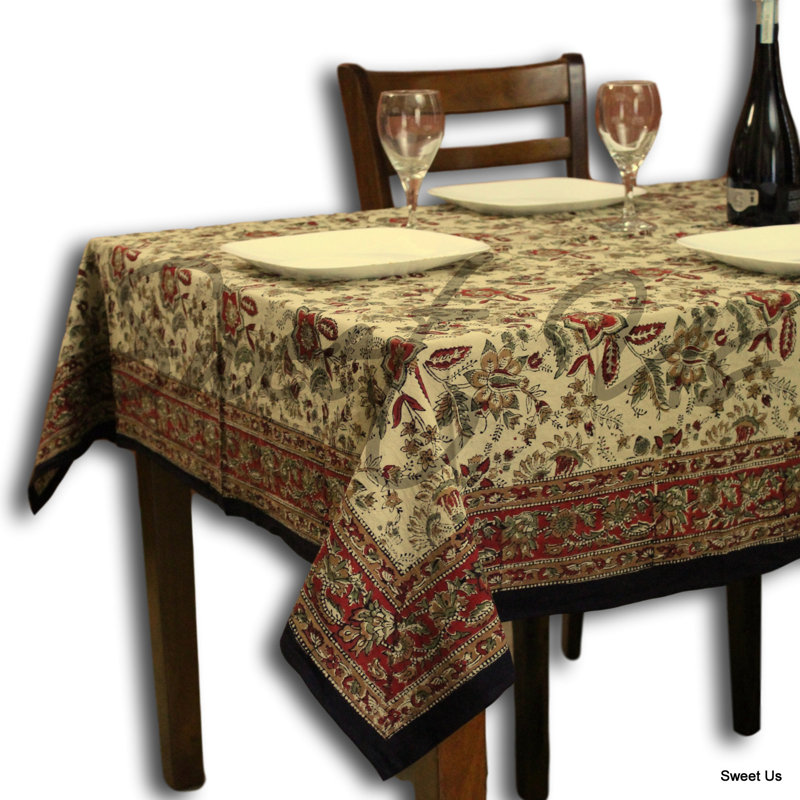 Block Print Cotton Floral Tablecloth Collection, 60" W x 60" L