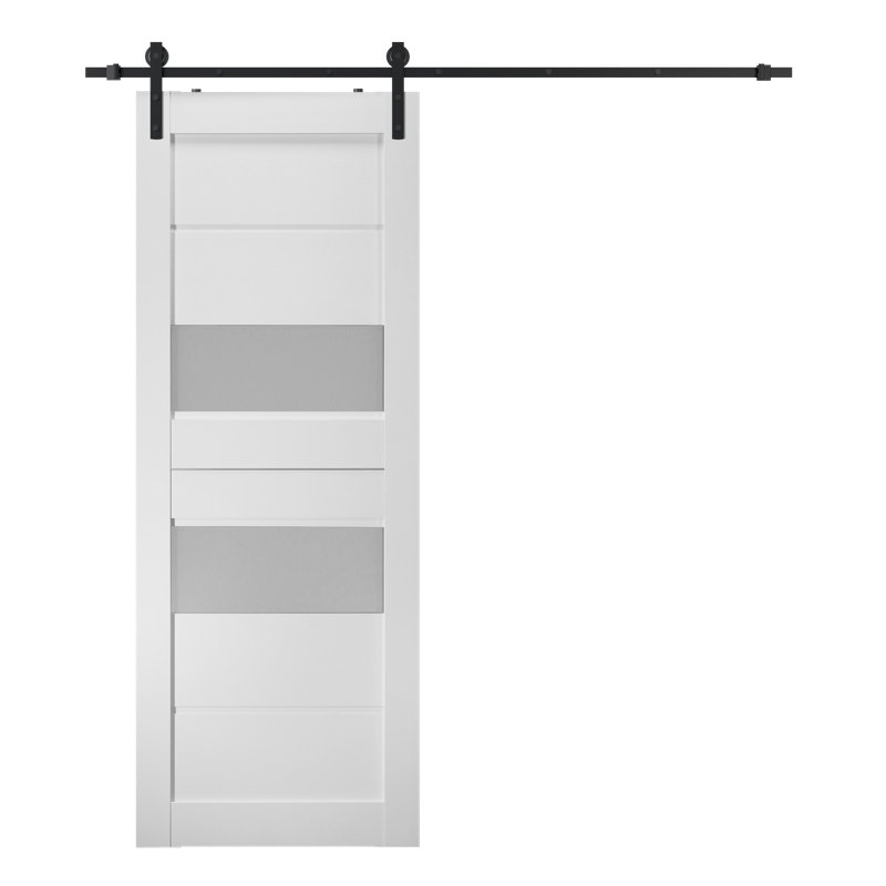 Porte de grange à panneaux en bois et verre à panneaux avec quincaillerie d'installation, Blanc noble, 27,75 po x 83,23 po