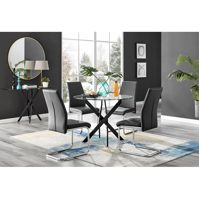 Tierra Modern Chrome Metal & Glass Round Dining Table Set with 4 Upholstered Faux Leather Chairs, Black