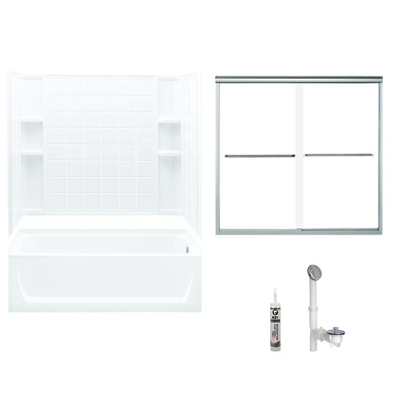 Ensemble de baignoire et douche rectangulaire sans cadre de 60 po x H 74 po avec porte-serviettes et base inclus, Argent