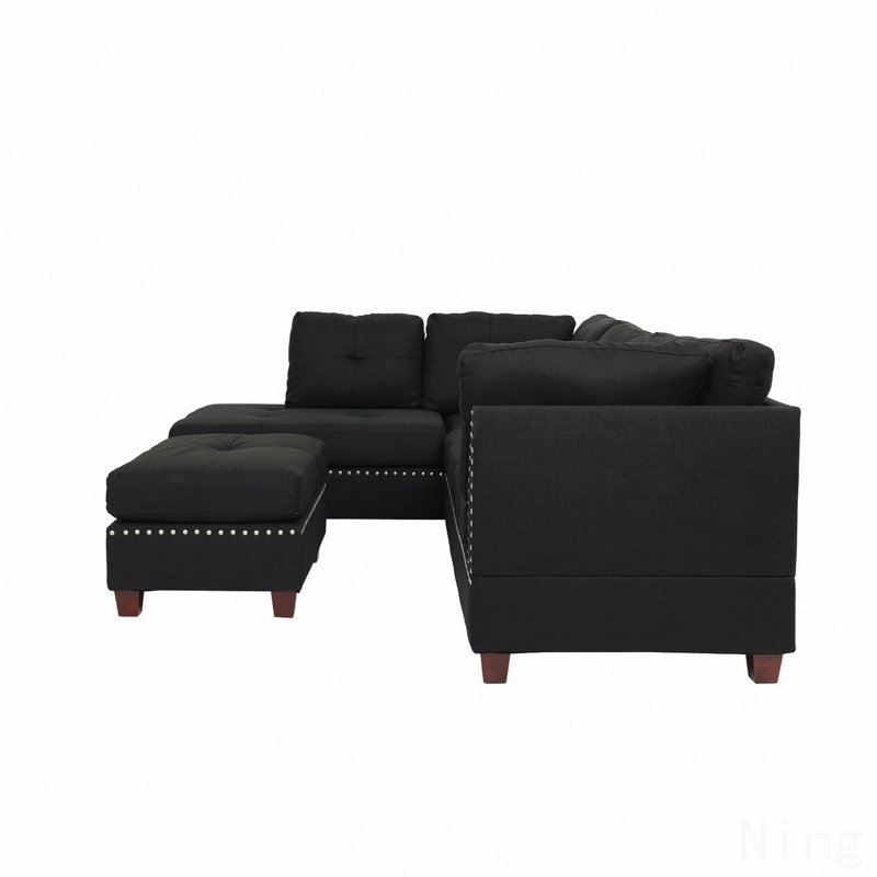 Latitude Run® Reversible Polyfiber Sectional Sofa With Ottoman, Black ...