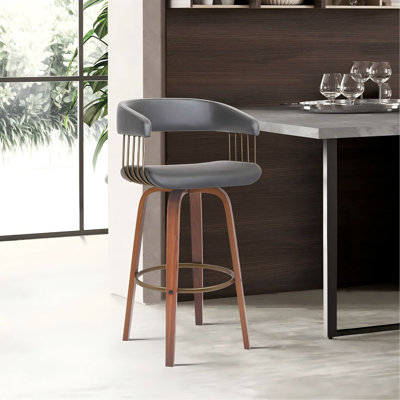 30.5" Swivel Wood Bar Stool in Faux Leather with Bronze Metal